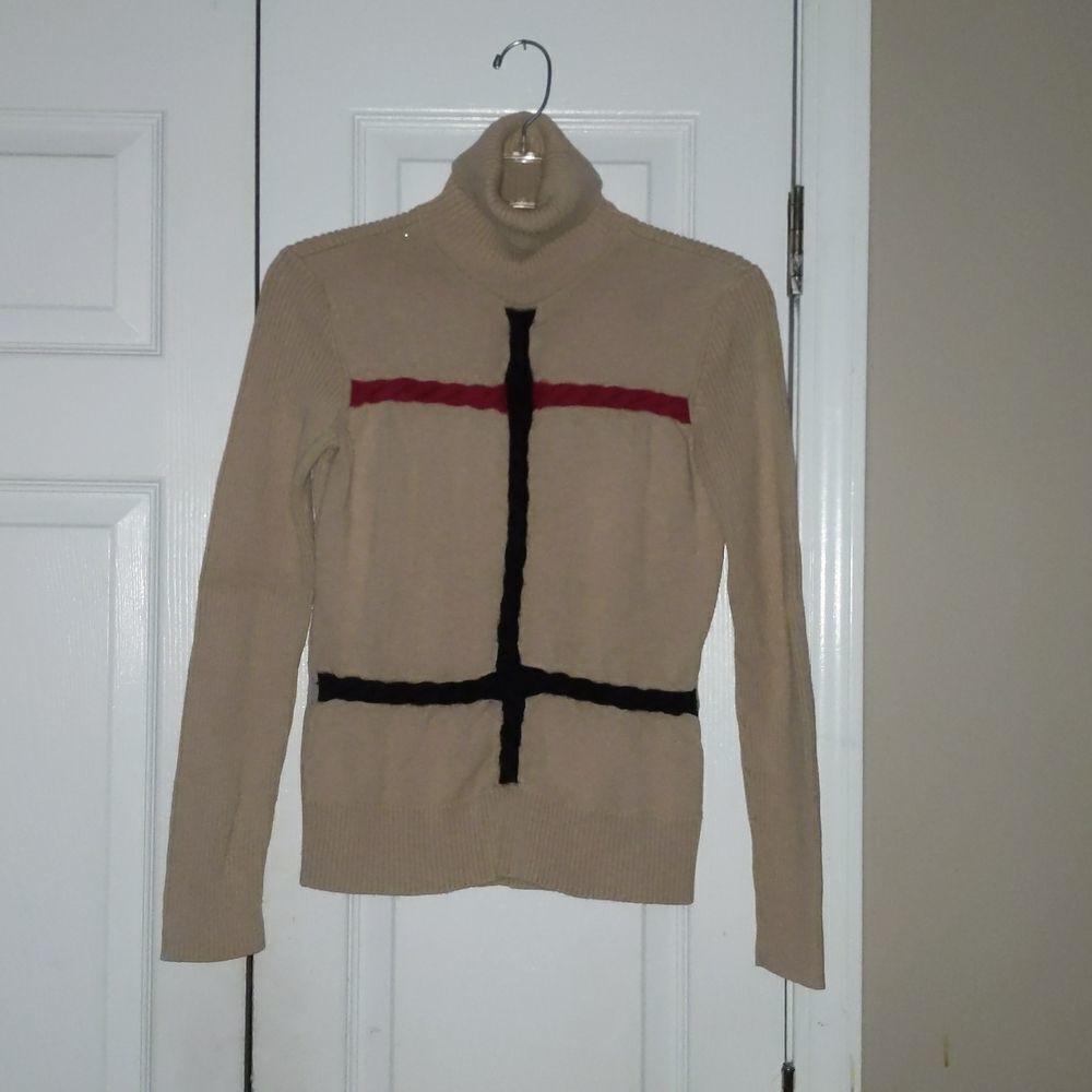 Tommy Hilfiger tan turtleneck with red and black stripe Sz S